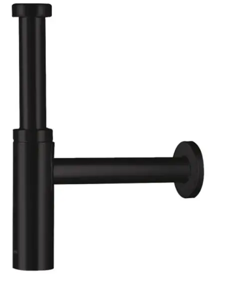 Siphon in mattschwarz von Hansgrohe mit einem geraden, zylindrischen Design und horizontalem Abflussrohr.